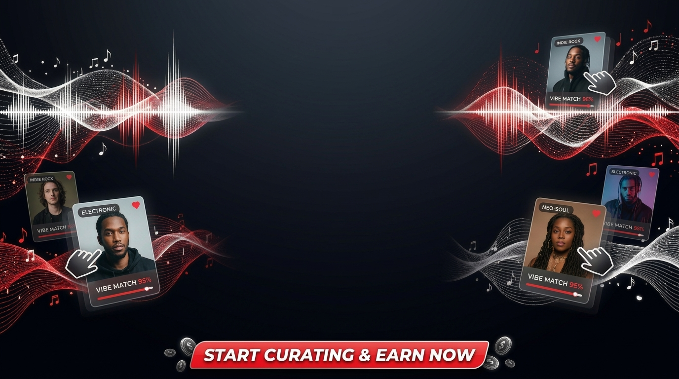 PressRun curator network promotional graphic showing artist cards with vibe match scores