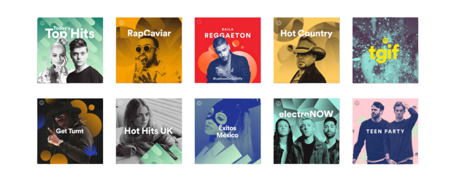 Popular Spotify playlists including Today's Top Hits, RapCaviar, Hot Country, and more